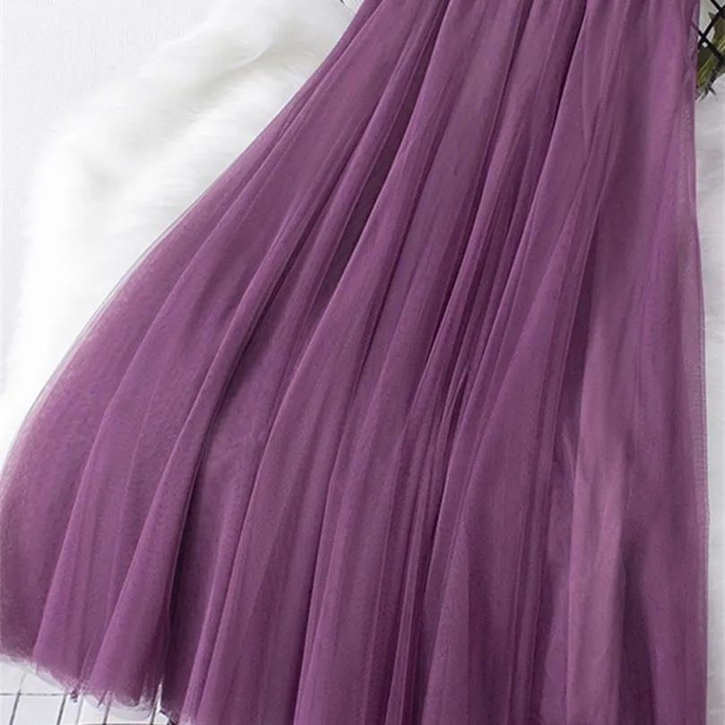 TIGENA Big Hem Long Tulle Skirt Women Korean Casual Simple Solid 3 Layers A Line High Waist Maxi Female Lady Purple 220317