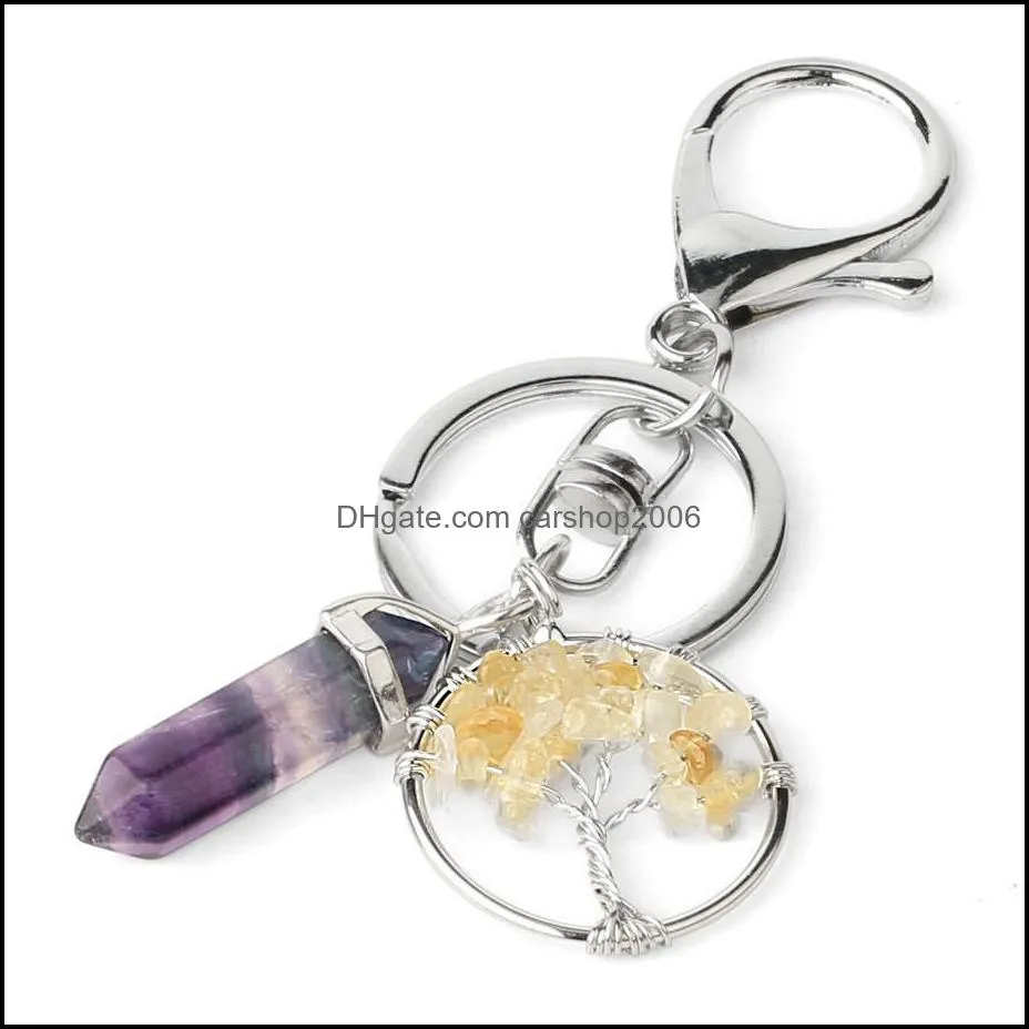 natural stone tree of life key rings fluorite hexagonal prism keychains healing rose crystal car decor keyholder for women carshop2006