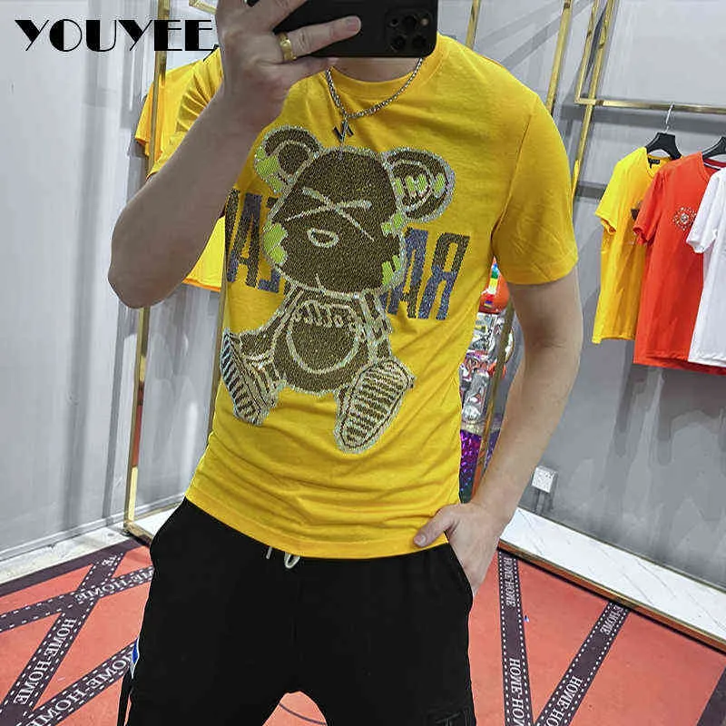 Rhinestone Casual Men's Short Sleeve T-shirt Loose O-neck 2022 Summer New Fashion Trend Brand Diamond Bear Green Yellow Clothing Y220630