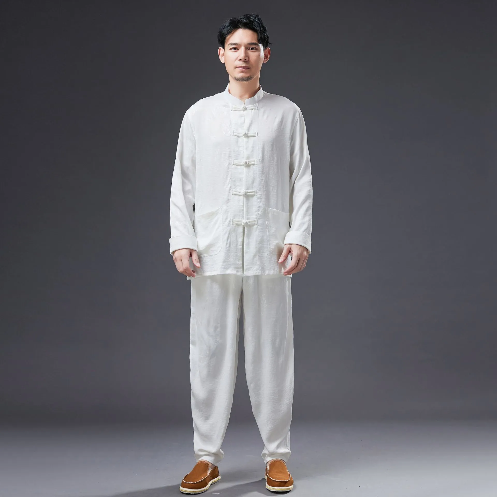 Tai Chi Hanfu Tracksuit Men Cotton Silk Sets Tang Suit Jacket +Pant Male Kung Fu Traditional Chinese Men Wushu clothing