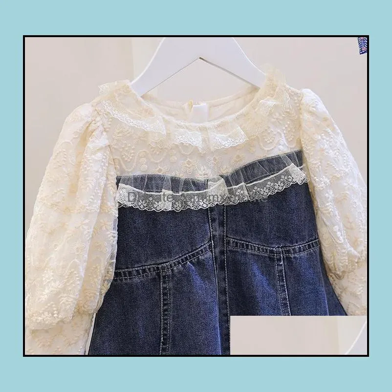 baby girls lace puff sleeve dress children denim stitching princess dresses spring autumn fashion boutique kids clothes z4790