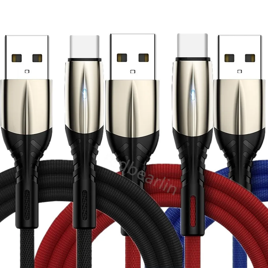 3A szybkie ładowanie typu C Micro USB Kable 1m 3 stopy 2M 6 stóp Wskaźnik LED Tabilny Tabel USB-C Kable Samsung S10 S20 S22 HTC LG Xiaomi Huawei