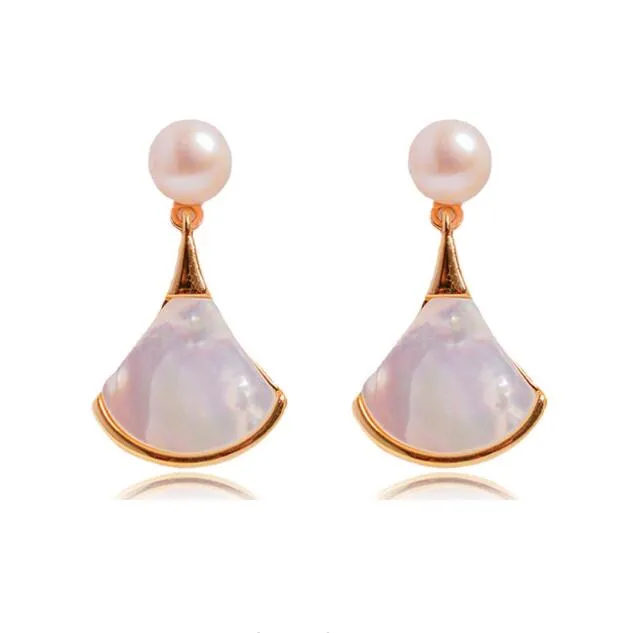 14k Gold plated Scallop skirt Ear Studs Dangle & Chandelier natural Freshwater pearl Earrings white Lady/girl wedding Fashion jewelry