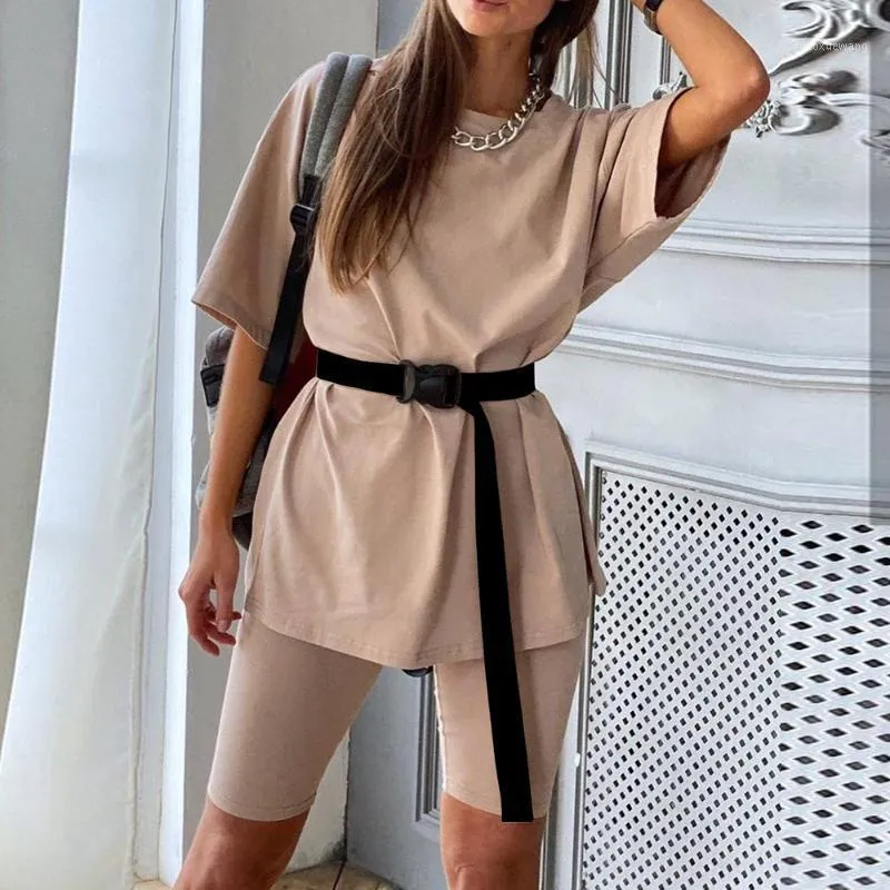 Survêtement à la mode avec ceinture, ensemble deux pièces ample et solide, haut pour femme et short de vélo, tenue moulante décontractée pour la maison, vêtements de salon