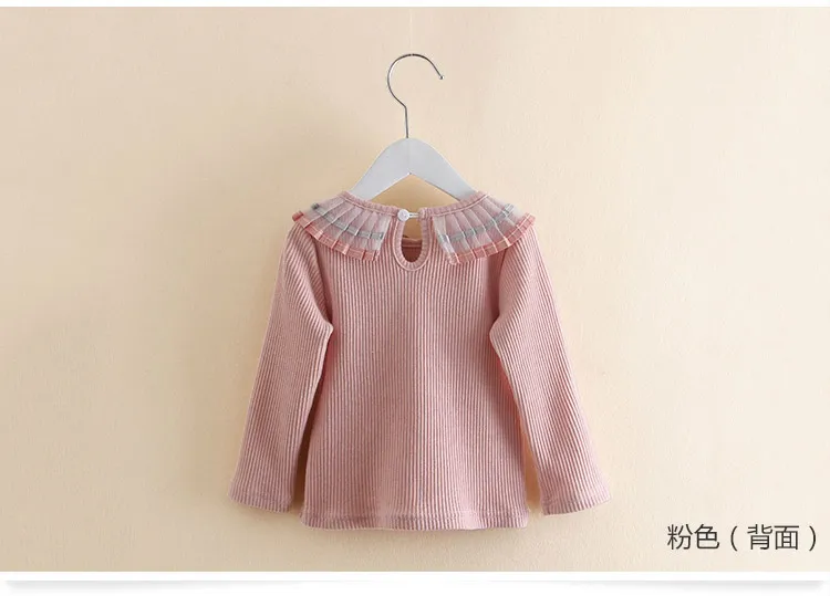 2018 Spring Autumn 100% Cotton White Grey Pink Solid Color Long Sleeve Pleated Turn-Down Collar Neck T Shirt For Girls 10 Years (4)