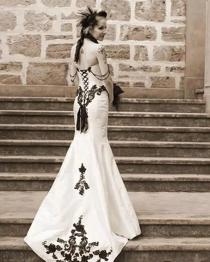 knee length dresses for ladies Boho Black Lace Long Sleeves Alluring Illusion Mermaid Wedding Gown, White / Without Lining main image 0