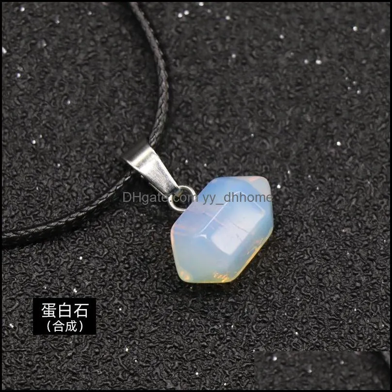 Natural stone Hexagonal Tiger Eye Stone Turquoise Opal Quartz Crystal Pendant Necklaces for Women Reiki Heal Crystal Pendulum Charms Leather Rope