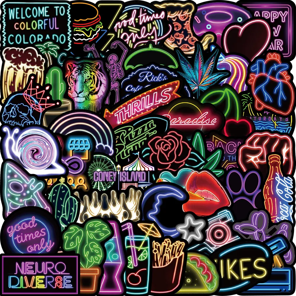 50Pcs Cartoon Neon Light Stickers Aesthetics Colourful Decal DIY Skateboard Laptop Luggage Guitar Cool Waterproof Sticker