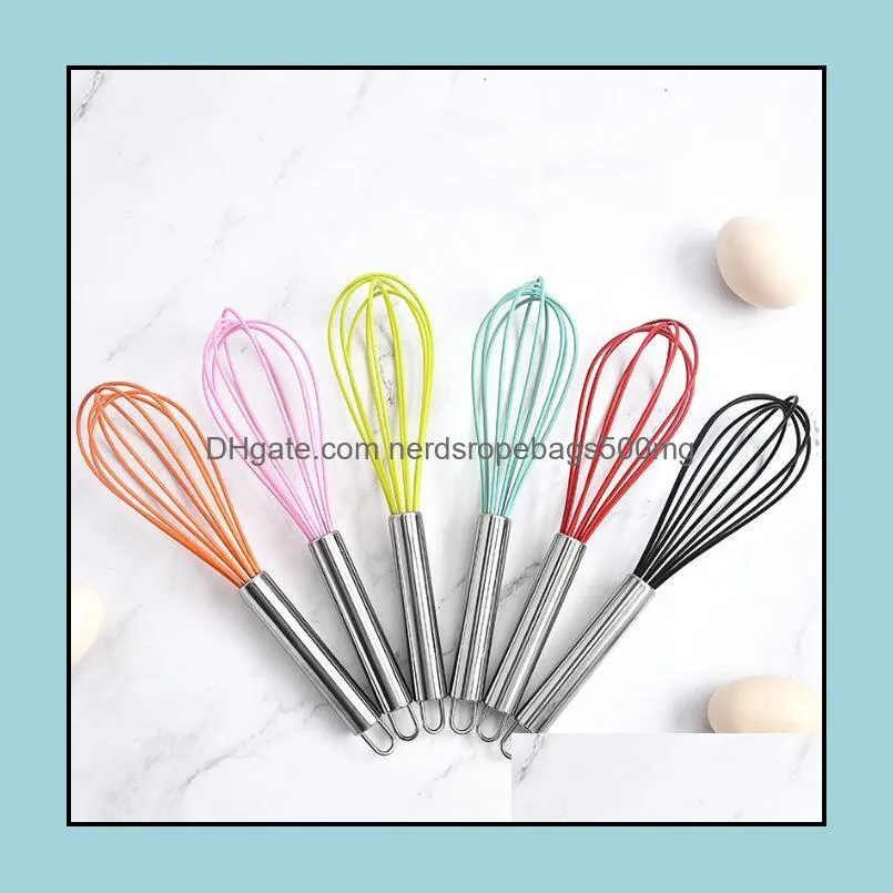 Egg Beater Kitchen Tools Solid Color 10inch Stainless Steel Mini Silicone Whisk for Nonstick Cookware Cooking Utensil RRE12232
