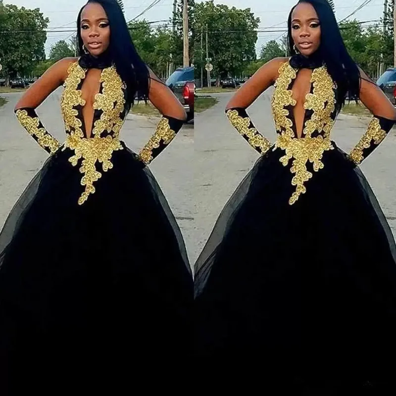 Black and Gold Prom Dresses Tulle Spódnica Afryki Seksowna Otwarta Podłoga Długość Formalne Suknie Wieczorowe Plus Rozmiar