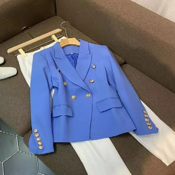 B079 Womens Suits & Blazers New Style Top Quality Original Design Women's Double-Breasted Classic Blazer Blue Slim Jacket Metal Buckles Blazer suit collar Coat Outwear