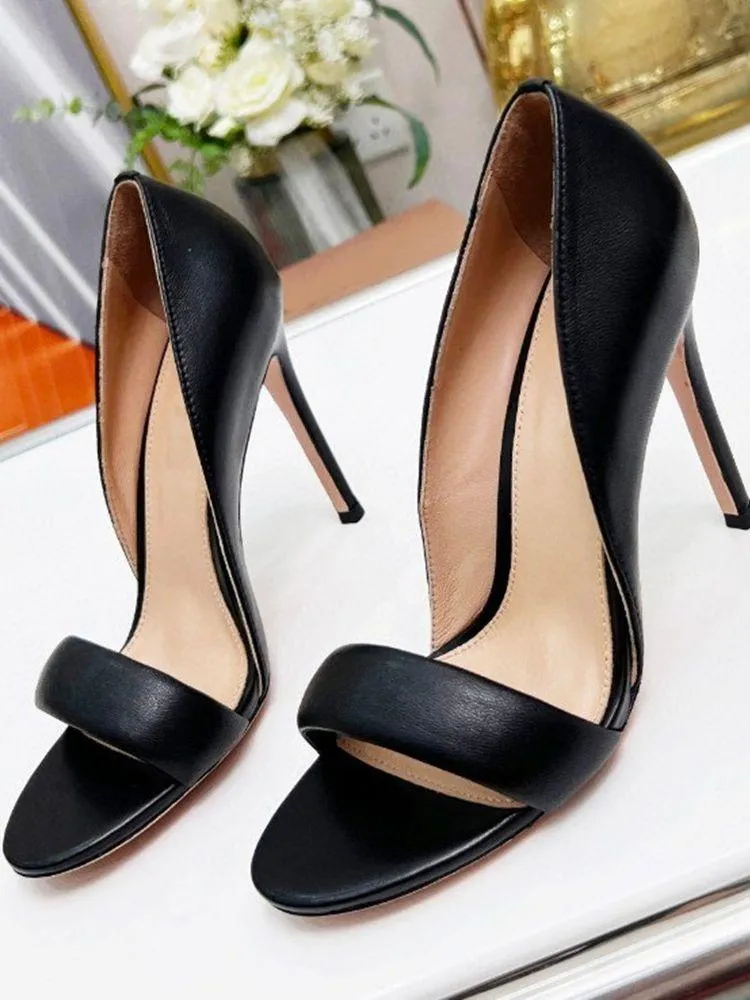 Sandálias concisas de abalo de couro de damasco preto de ouro preto de pé aberto uma palavra thin altos sapatos de moda sólida deslize em bombas eisssandals