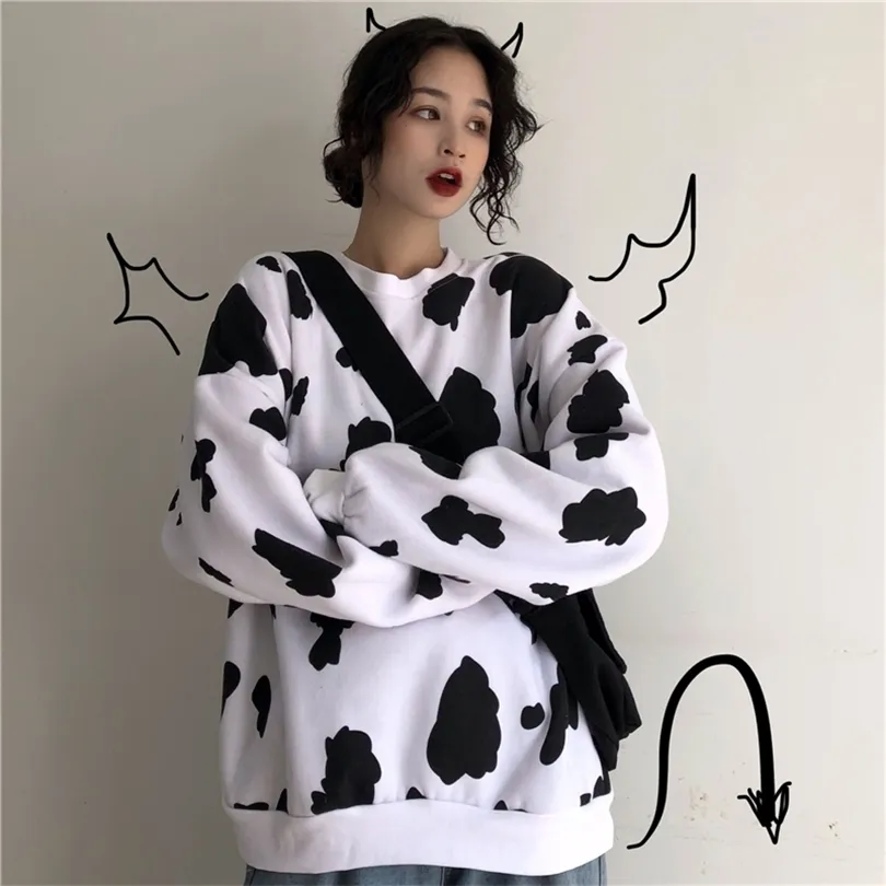 Roupas femininas coreanas Kawaii Spring Autumn Oversize Pullavers de laticínios Prind Print Women Sorthirt Fashion Vestidos femininos Novo T200311