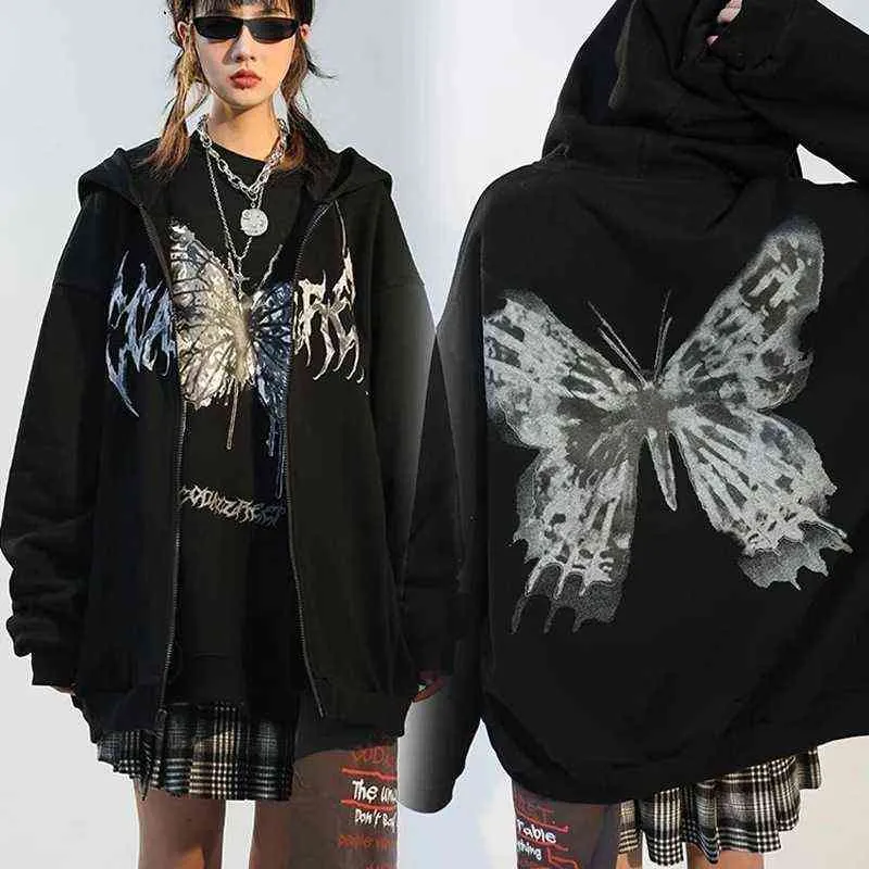 Frauen Hip Hop Streetwear Hoodies 2021 Herbst Schmetterling Druck Übergroßen Mit Kapuze Mantel Goth Harajuku Y2k Grunge Punk Zipper Jacke 22H0808