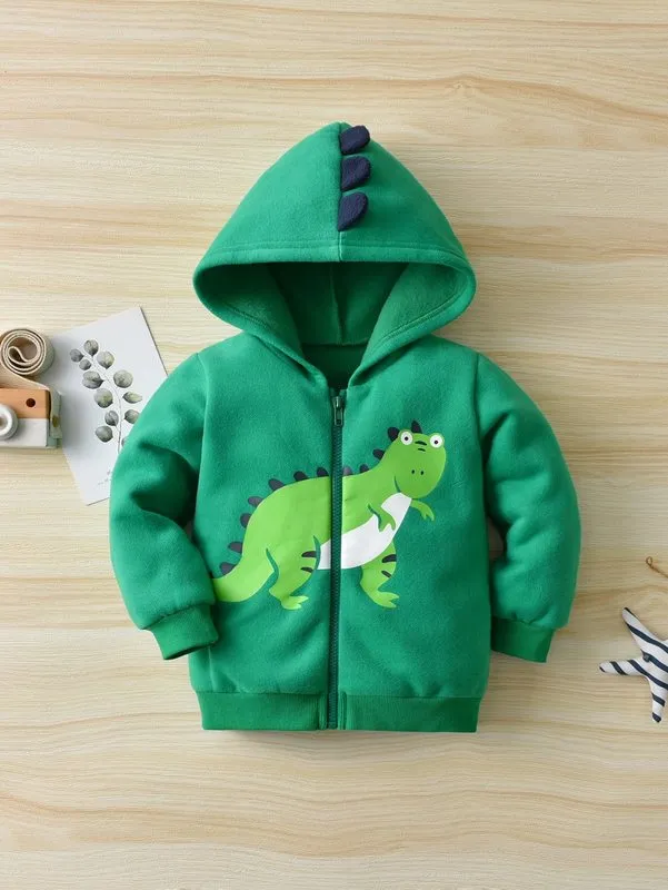 Toddler Boys Dinozor Baskı 3D Tasarım Yama Kapüşonlu Ceket O