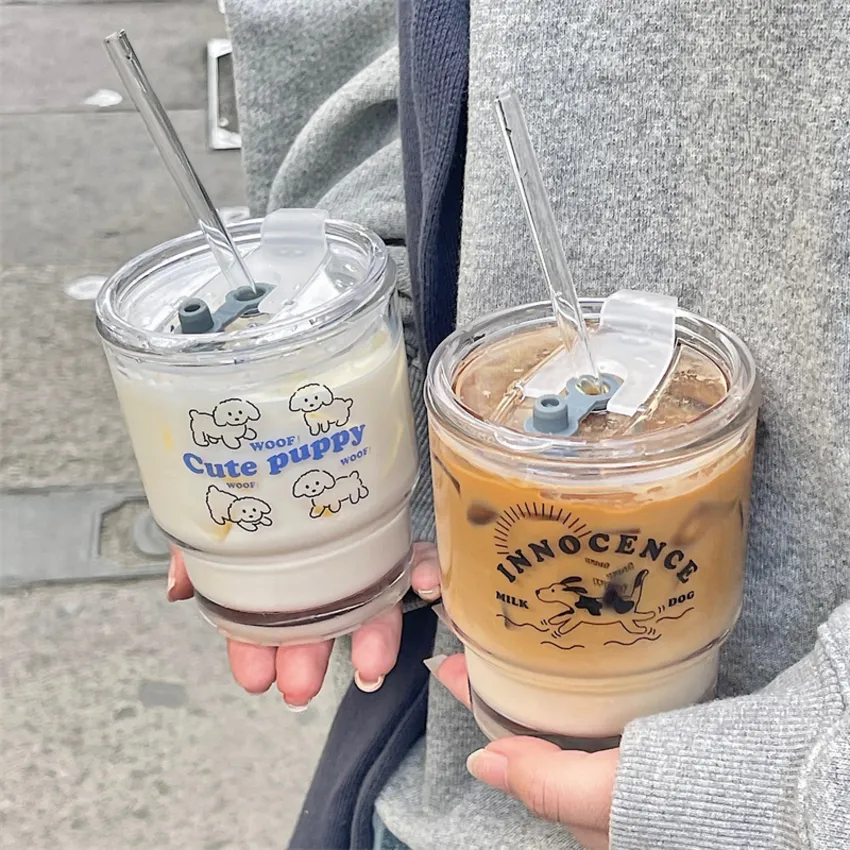 350ml 귀여운 개 유리 물병 뚜껑과 짚 kawaii 휴대용 우유 카톤 음료 병 커피 거품 티 컵 소녀 선물