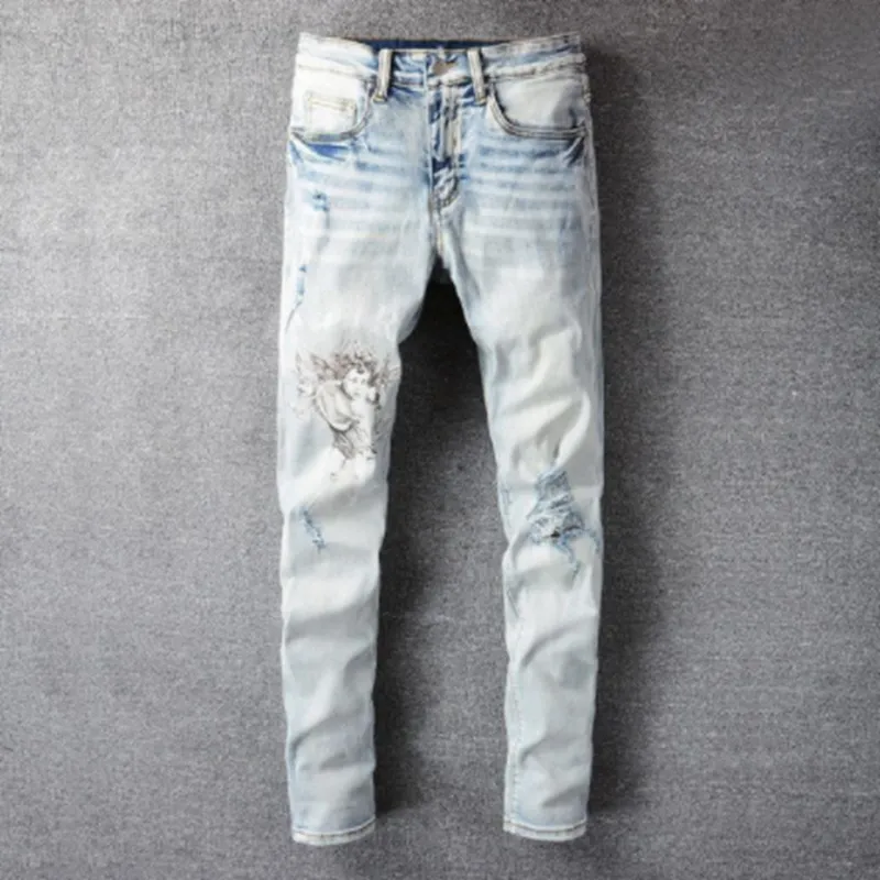 Svart bokstav ängeltryck smala jeans mens jeans mager streetwear motorcykelbyxor hip hop män los hombres207t