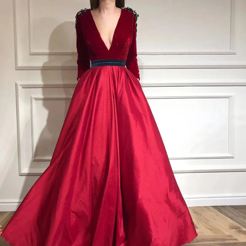 Party Dresses Ankomst Bourgogne långärmad kväll tafta enkel djup v hals 2022 muslimsk prom klänning