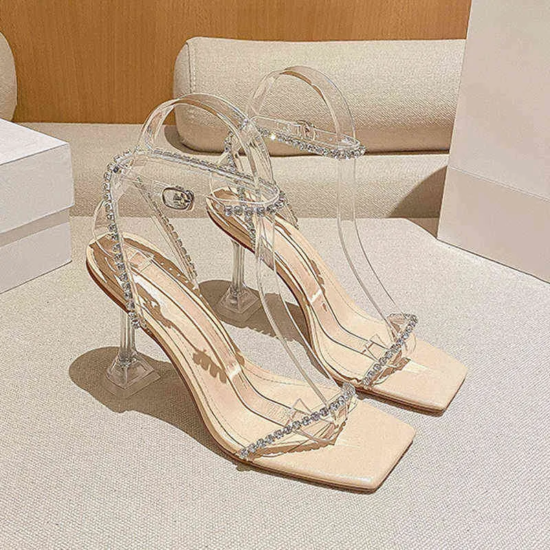 Sandals Silver High Heels Women Summer 2022 Rhinestone Clear Heel Transparent Sexy Stiletto Party Dress Wedding Shoes 220704