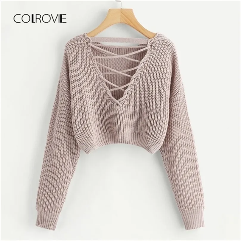 Colrovie Pink Korean Cross V Back Winter Crop Knited Sweater Kobiety Ubrania jesienne pullover skoczek damskie swetry 2012525