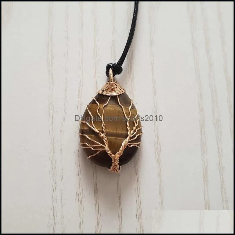 natural agate rose quartz crystal stone pendant wire wrap handmade tree of life drop gold silver color pendant necklace