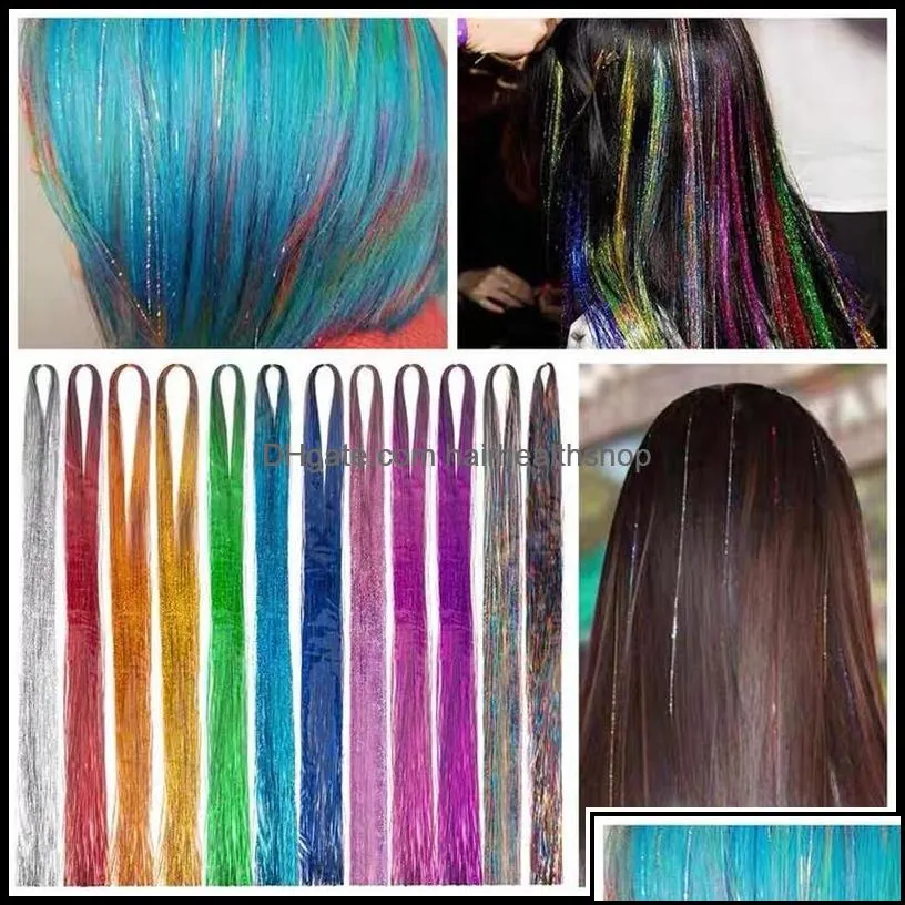 Hair Accessories Tools Products 90Cm Length Sparkle Shiny Tinsel Rainbow Silk Hairs Extensions Dazzles Women Hippie For Braiding