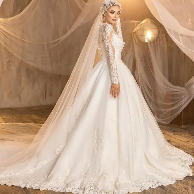 Robe De Mariée De Luxe Arabe 2022 À Manches Longues En Dentelle Une Ligne Musulman Dubaï Robes De Mariée Bouton Retour Appliques Femmes Église Robes De Soirée De Mariée Pays Vestidos De Novia