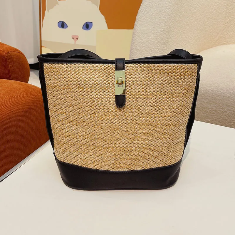 Tote Straw Crossbody bag bucket Women beach Shoulder bags Handbag Purse lady Sac High quality Fashion letters Removable strap