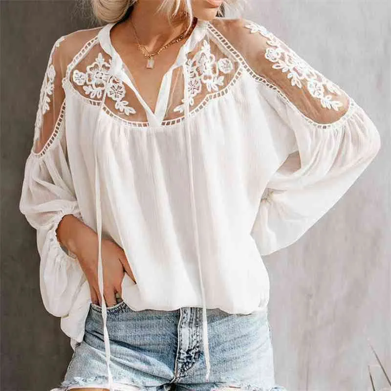 Blusa de encaje de malla de gasa blanca para mujer Tops Linterna negra Manga larga Blusas para mujer transparentes Verano Primavera Camisas elegantes 210401