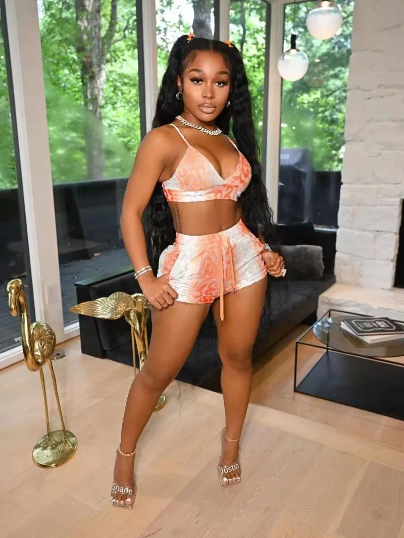 Women's Tracksuits Polyester Print Garp Silver Lingerie Plus Shorts Two Piece Set Women Matching 2022 Summer Sexy Streetwear Party Club Outf