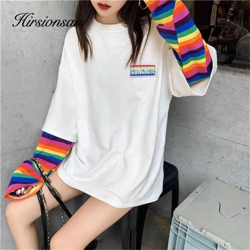 Hirsionsan Rainbow Kawaii T Shirt Women New Spring Long Sleeve Harajuku Tees Casual Student Tops Stripe Overdimensionerade kläder 210322