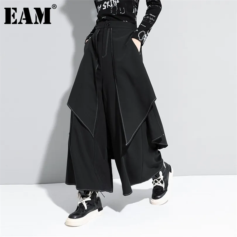 EAM taille haute noir lin fendu joint long pantalon large nouveau pantalon coupe ample mode printemps automne 1DA613 201012