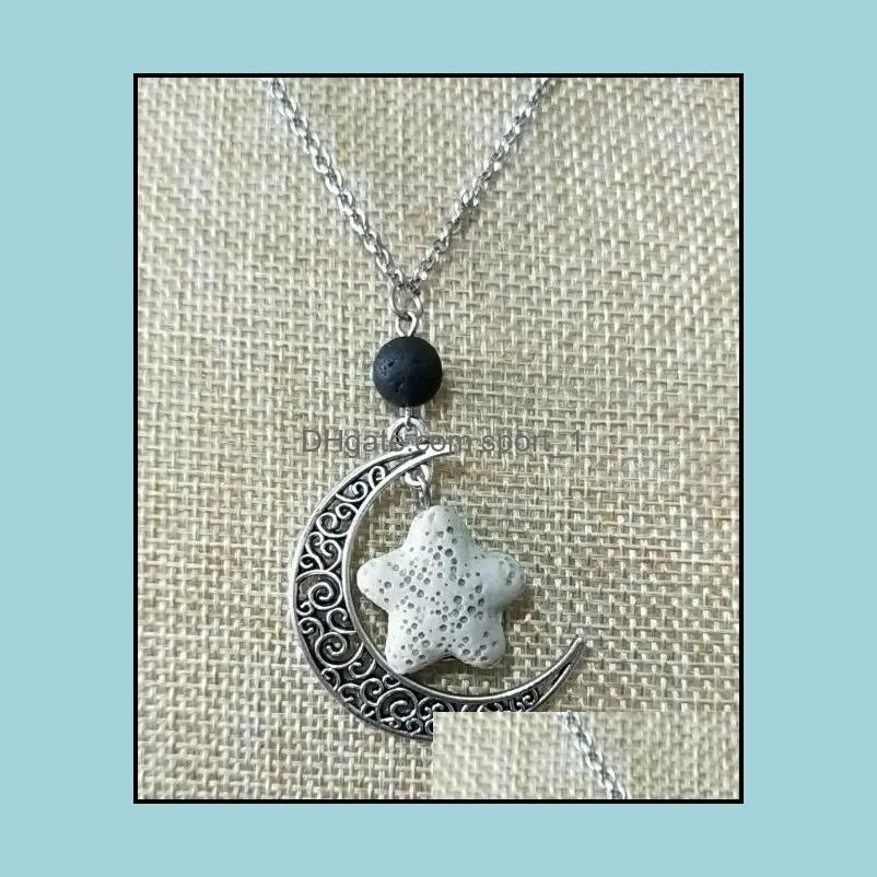 fashion silver color starfish lava stone moon necklace volcanic rock aromatherapy essential oil diffuser necklace for women jewelry