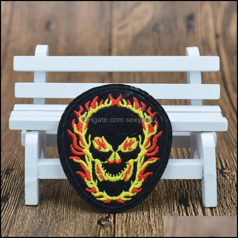 10pcs punk fire skull badges cooles for clothing iron embroidered applique iron ones sewing accessories diy