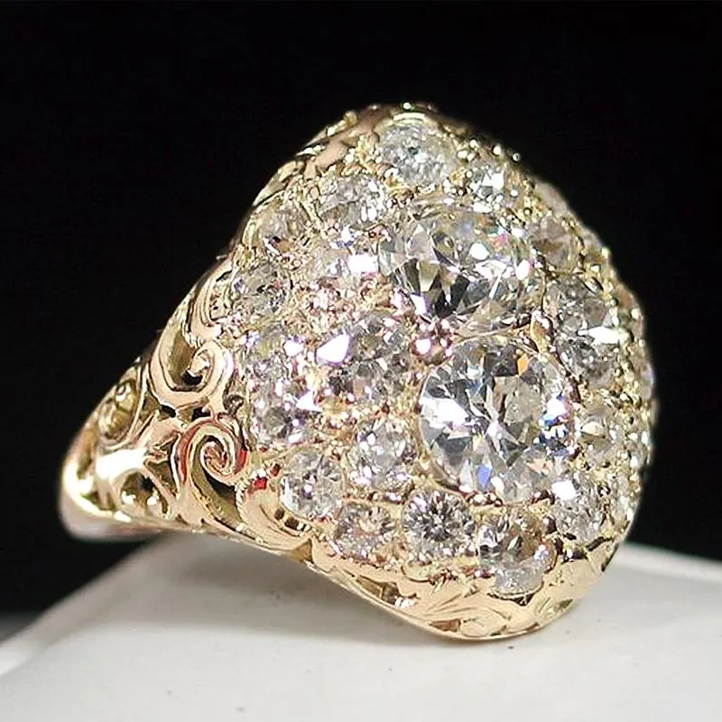 Wedding Rings Statement Carving Gold Finger For Women Full Shiny Cubic Zirconia Engagement Female Fashion JewelryWedding