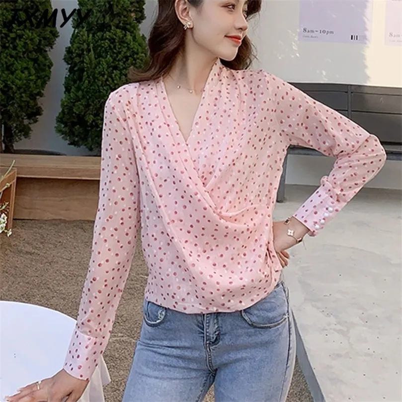 women's sweet V-neck cross polka dot chiffon top design small shirt JXMYY 210412