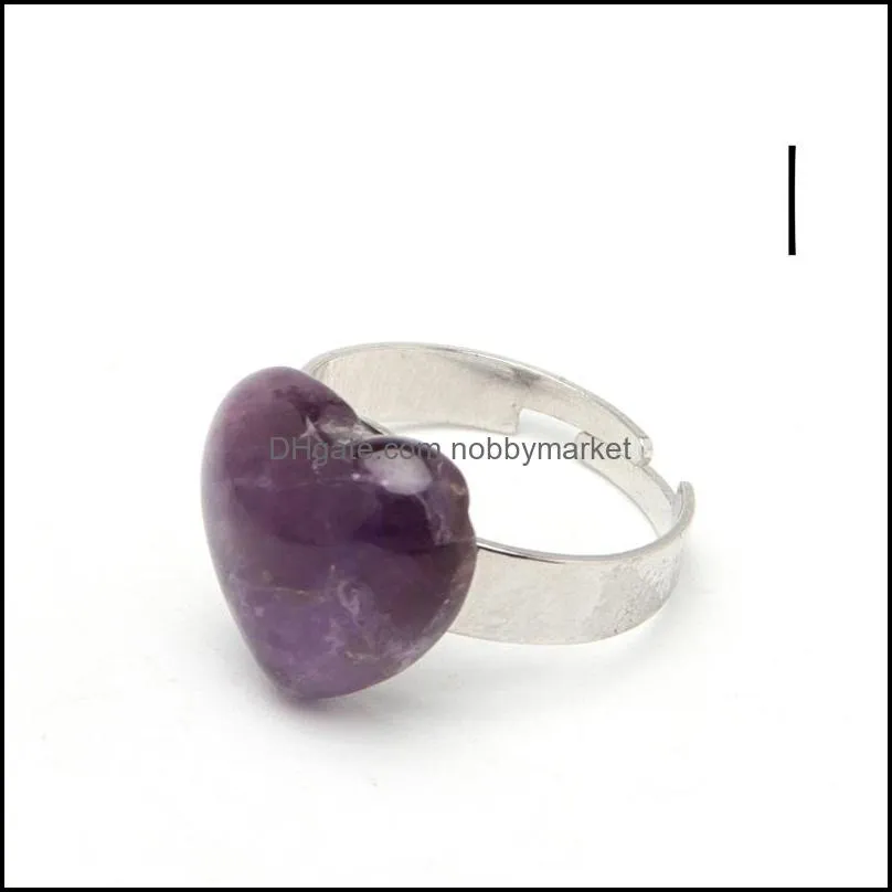 Natural Stone Love Heart Ring Adjustable Rose Quartz Amethyst Crystal Finger Rings for Women Party