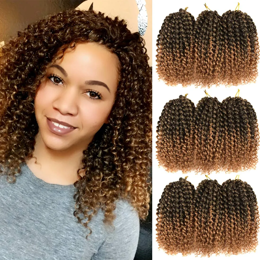 8 pulgadas Short Passion Twist Crochet Hair Extension 3 Bundles Marlybob Kinky Curly para mujeres negras Trenzas Extensiones de trenzado de ondas de agua LS05