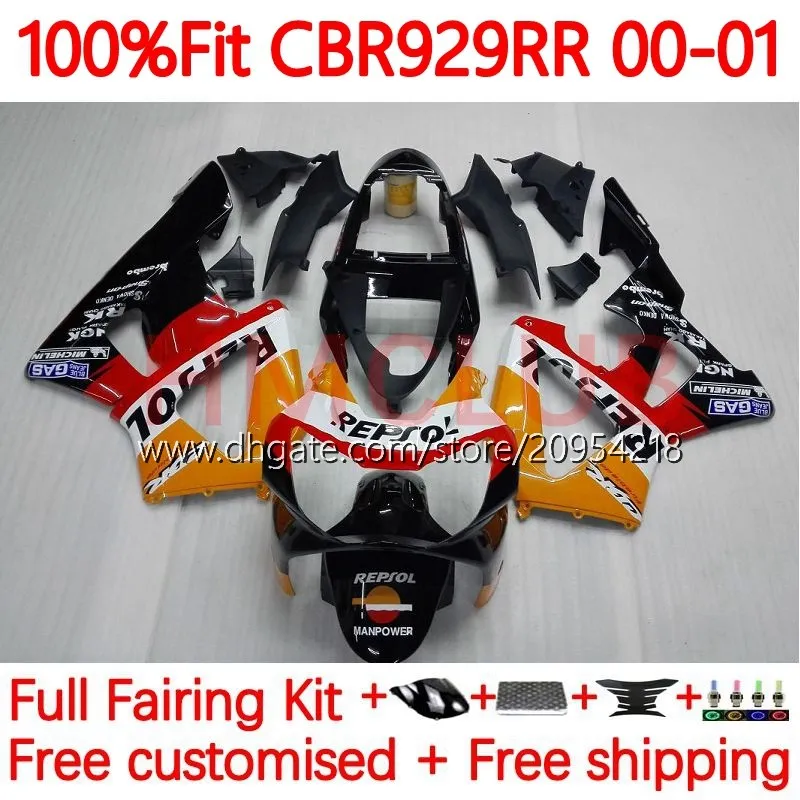 Corpo stampo ad iniezione per HONDA CBR900 CBR929 CBR 929RR 900RR 900 929 RR CC 00 01 Carrozzeria 117No.1 900CC 929CC CBR929RR 00-01 CBR900RR 2000 2001 Carenatura OEM Repsol arancione