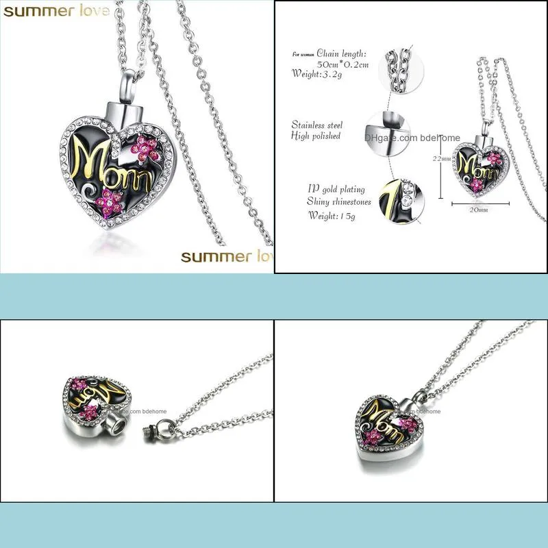 retro cute crystal flower mom heart necklace stainless steel memorial cremation urn necklace pendant bone ash jewelry for women