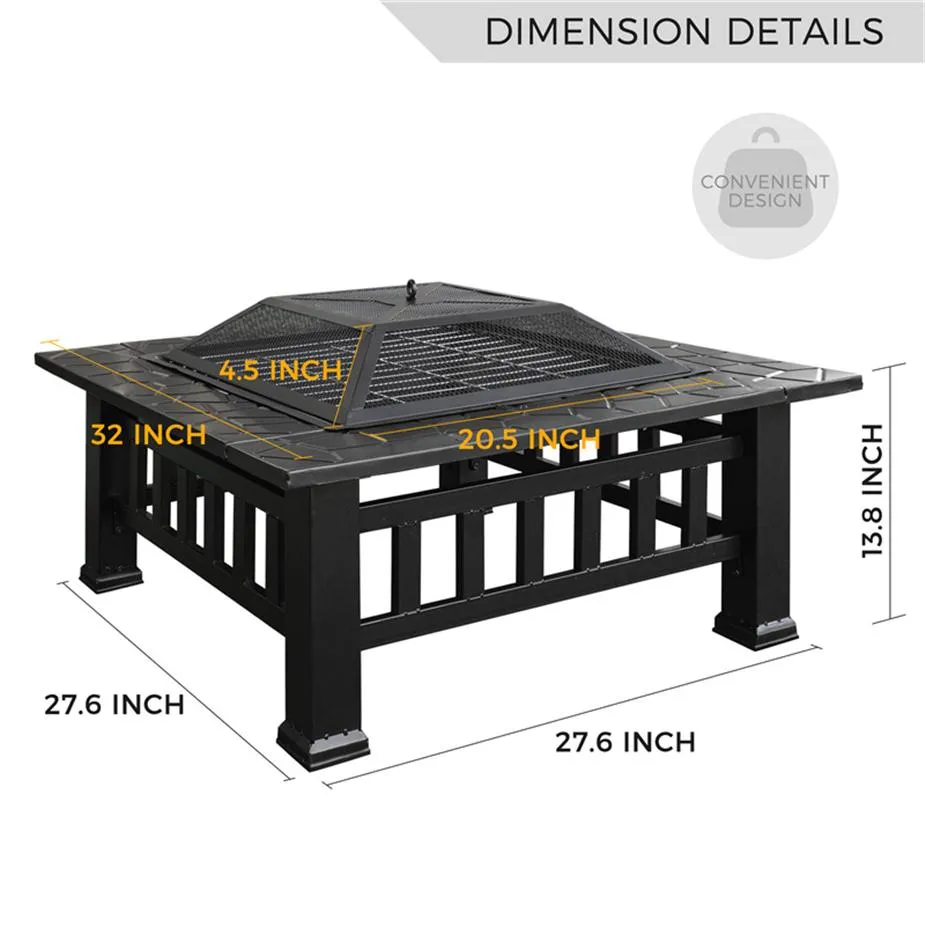 US Stock Multifunctionele Fire Pit Tabel 32in 3 In 1 metalen vierkante patio Firepit Table BBQ Gardenfornuis met Spark Screen294P