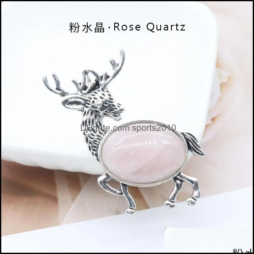 natural stone gem brooch elk deer pendant rose quartz crystal jade onyx bead necklace healing jewelry for women rope chai sports2010