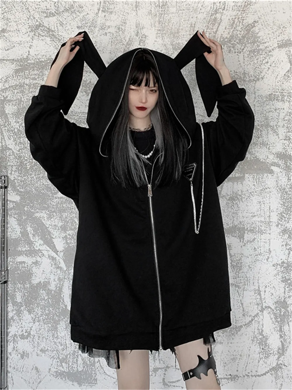 Hoodies voor dames sweatshirts herfst winter emo bunny hoodie dames rits omhoog kawaii sweatshirt konijn oren jas zwarte meisjes streetwear Japanese losse jassen 230206