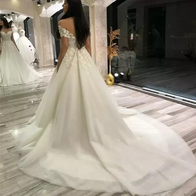 Bröllopsklänningar underbara 2022 brudklänning från shouder remmar spets applikation svep tåg tyll satin country african plus size skräddarsydd vestido de novia