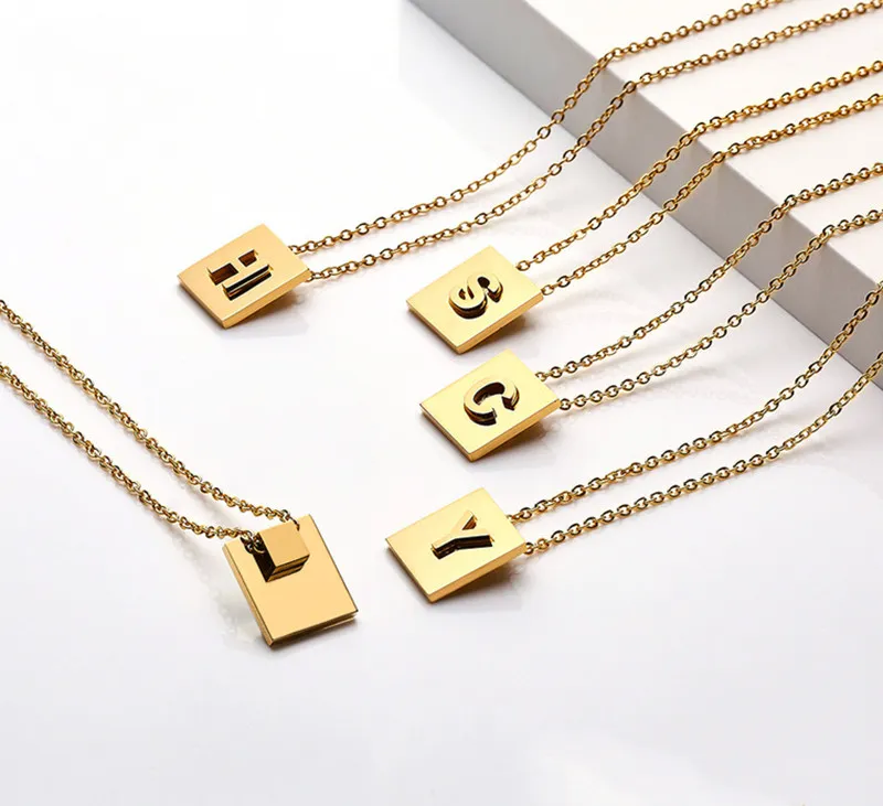 Stainless Steel initial letters charm necklace 26 Alphabet pendant gold personalized name square letter capital A-Z jewelry for lady with 45cm chain