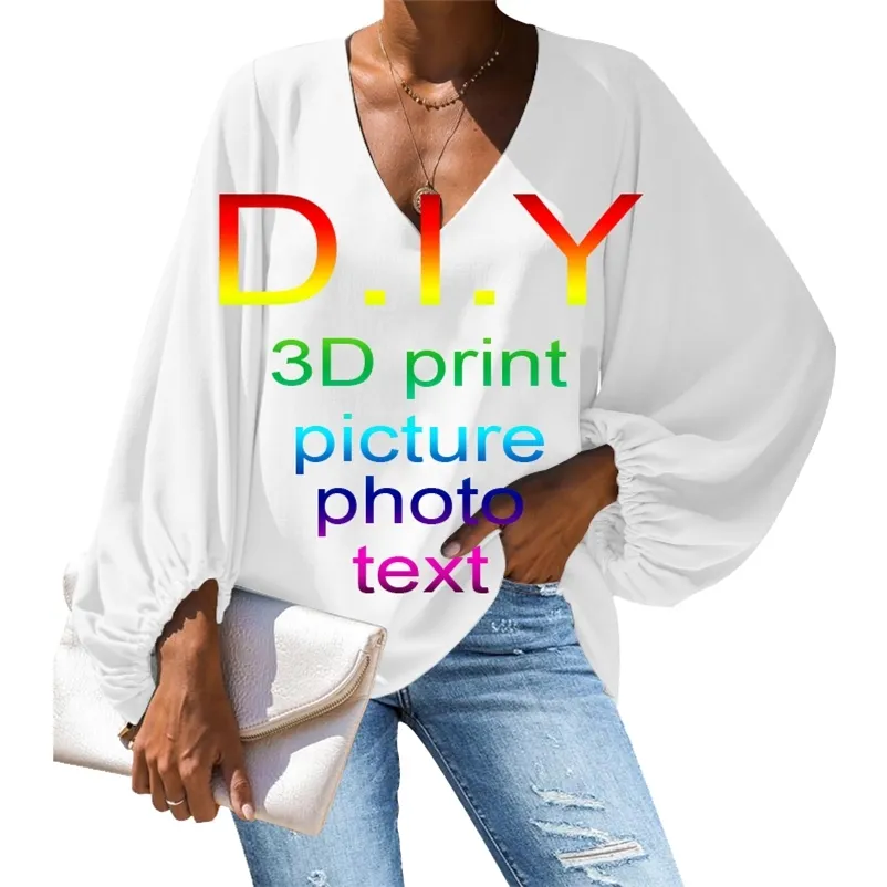 Ujwi 3d personalizado casual solto camisa de mangas compridas topos sexy com decote em v camisa retro tamanho grande camisa de manga larga atacado dropship 220619