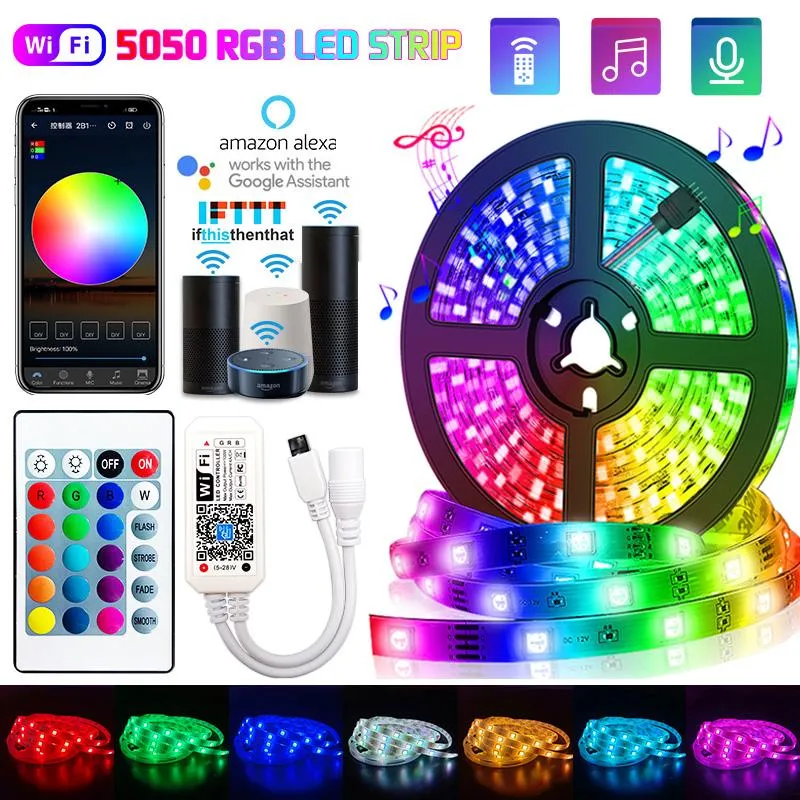 Remsor 5m30m WiFi LED -strip Light RGB DC 12V SMD Ribbon Waterproof Diode Tape Bluetooth Controller Power Adapter för Homeled STRI7235314