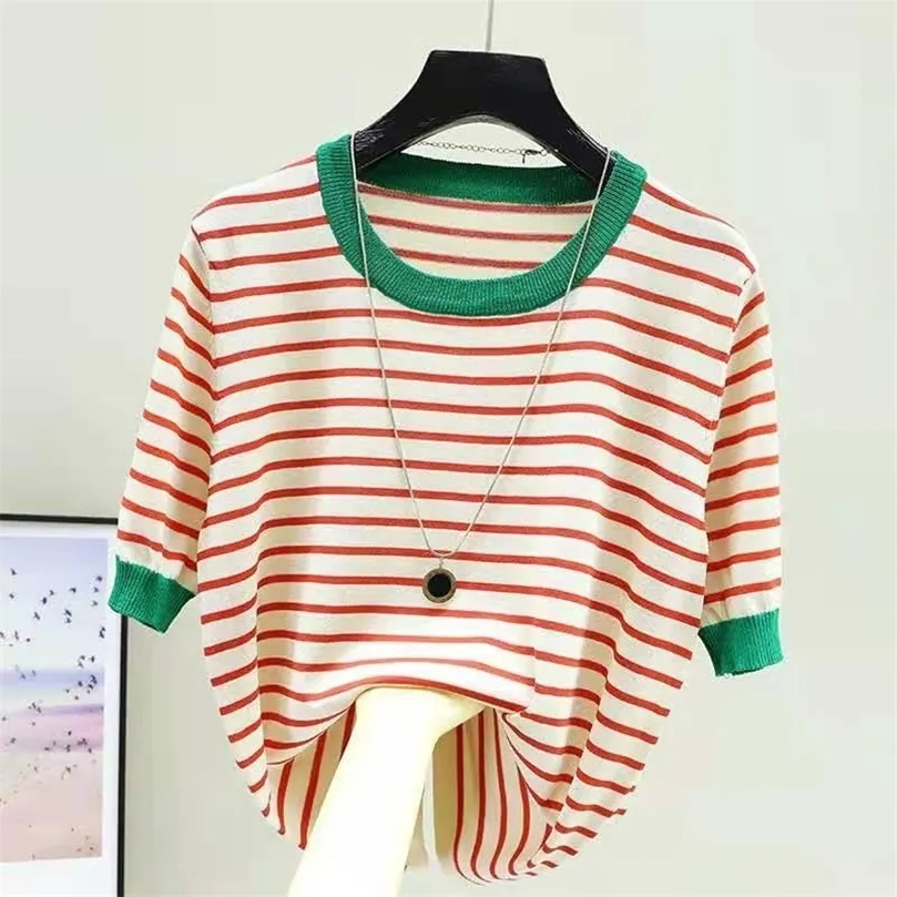 Shintimes Striped Tee Shirt Femme Tops Summer Tシャツの女性の薄いアイスシルクニットTシャツ半袖服Camisetas Mujer 220407