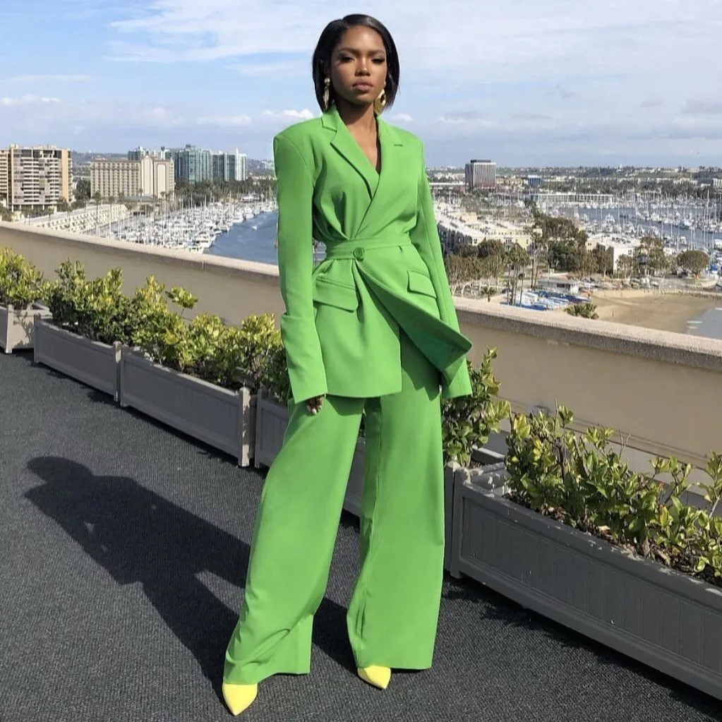 Fashion Green Women's Blazer Suits 2022 Elegant Bridesmaid Dress Long Sleeved Ladies Outfits Two Pcs Jacket Pants