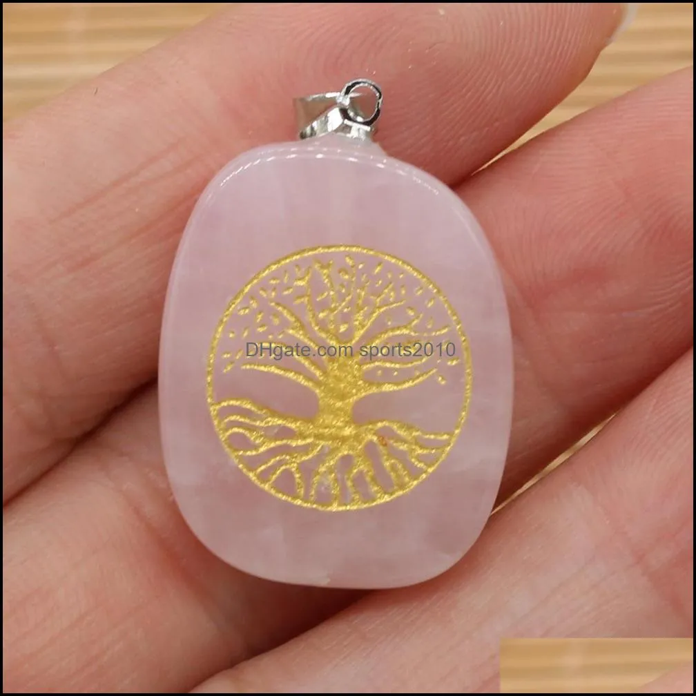 natural stone square charms reiki healing gold tree of life symbol crystal turquoises rose quartz stones pendant for jewelr sports2010